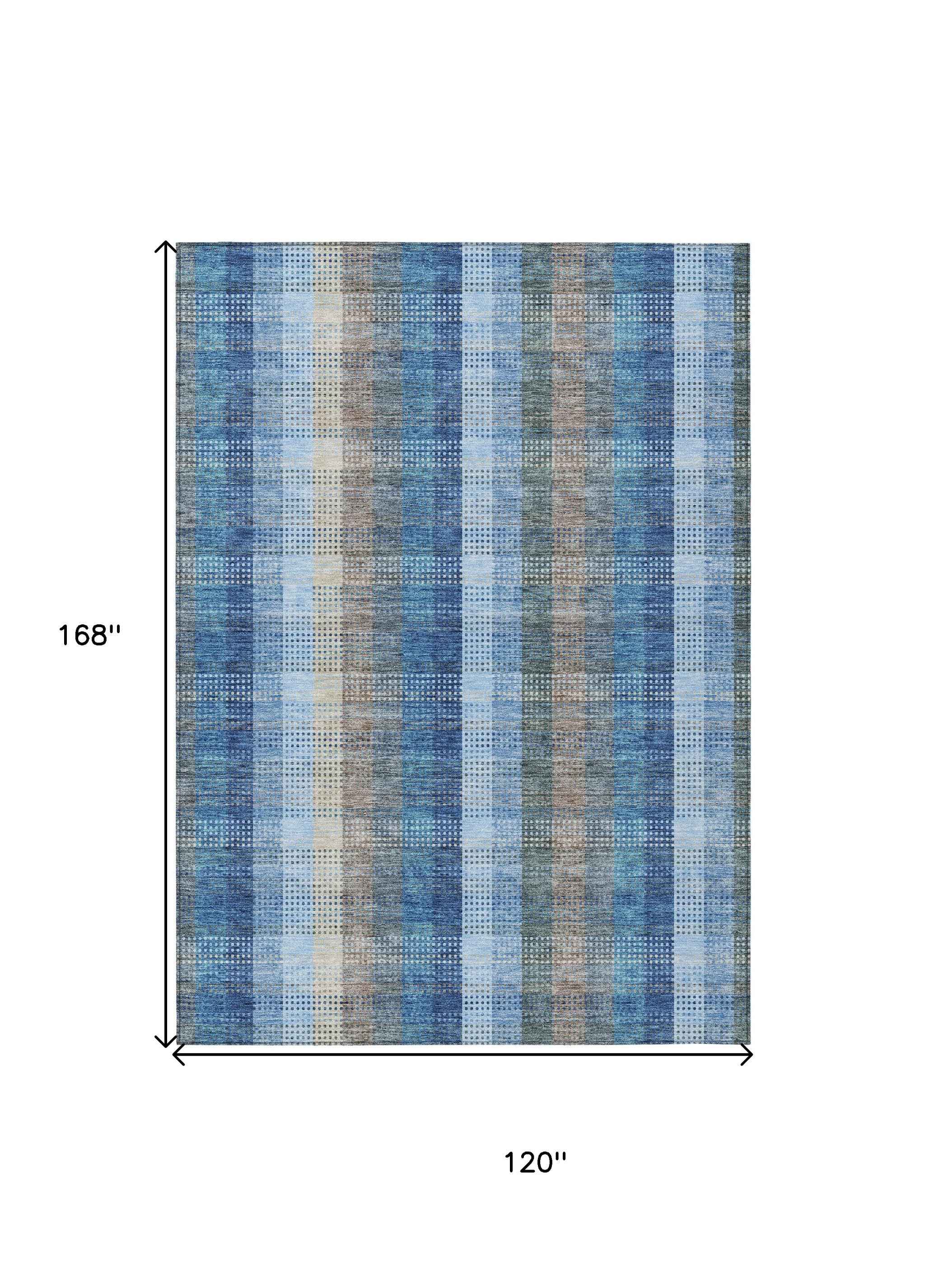10' X 14' Denim Blue Sky Blue And Beige Plaid Washable Indoor Outdoor Area Rug