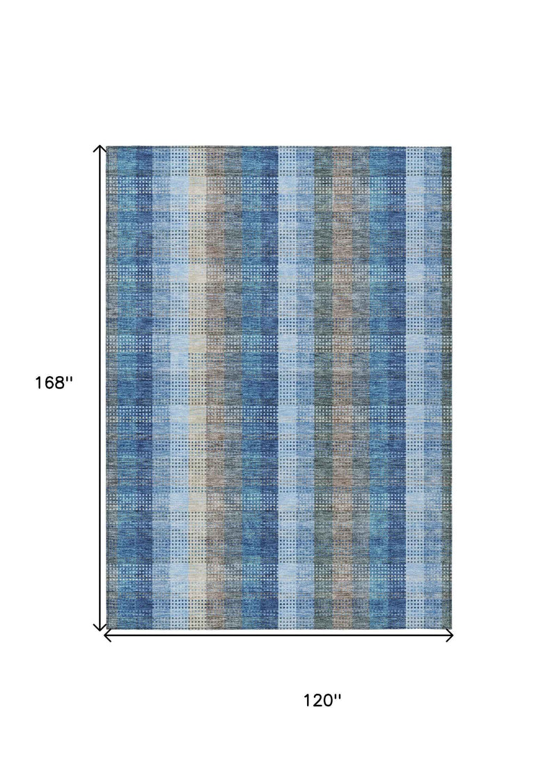 10' X 14' Denim Blue Sky Blue And Beige Plaid Washable Indoor Outdoor Area Rug