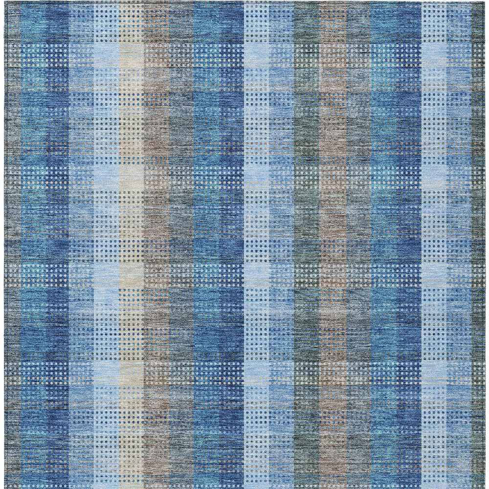 10' X 14' Denim Blue Sky Blue And Beige Plaid Washable Indoor Outdoor Area Rug