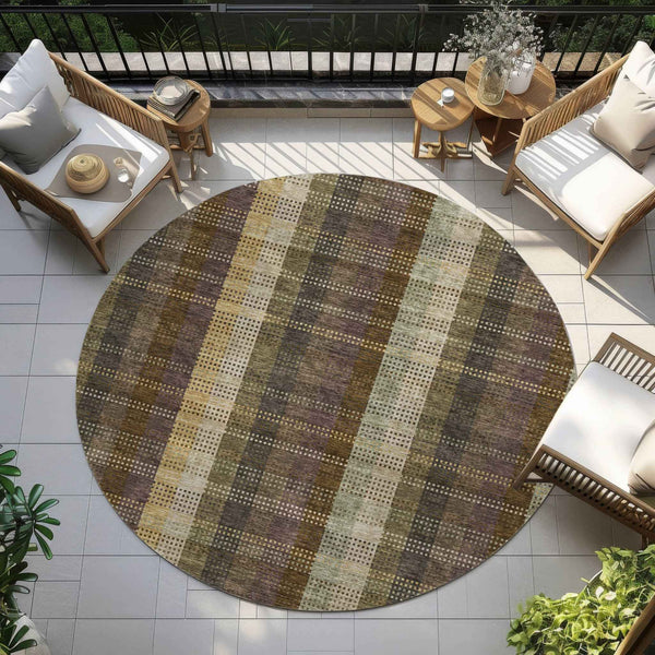 8' Brown Taupe And Plum Round Plaid Washable Indoor Outdoor Area Rug