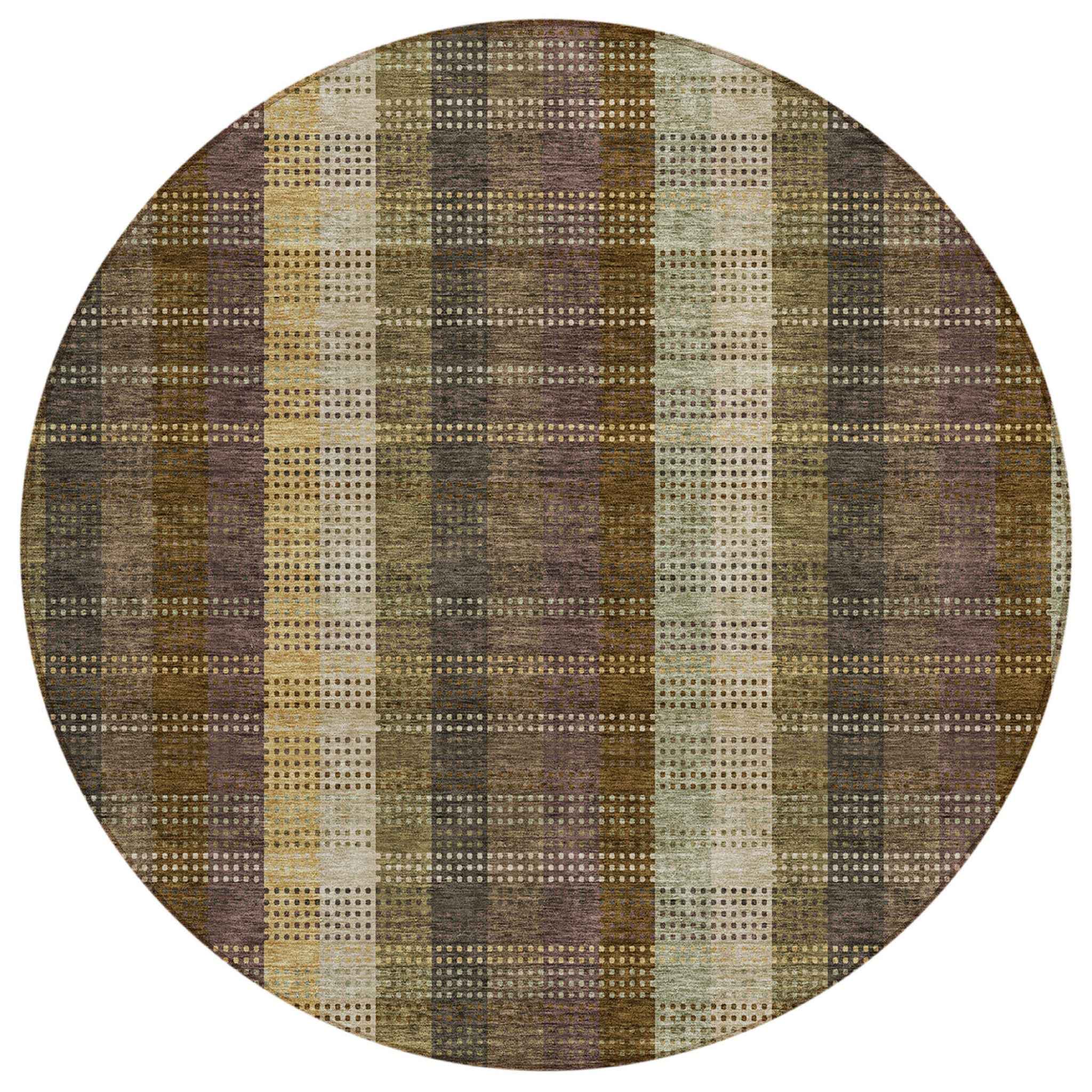 8' Brown Taupe And Plum Round Plaid Washable Indoor Outdoor Area Rug