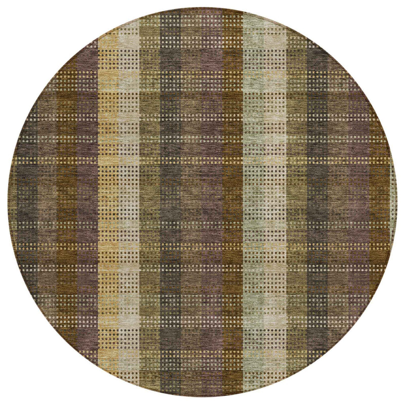 8' Brown Taupe And Plum Round Plaid Washable Indoor Outdoor Area Rug