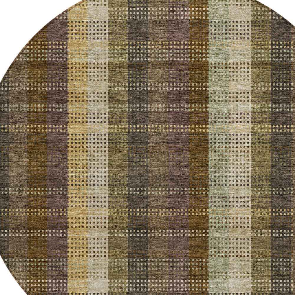 8' Brown Taupe And Plum Round Plaid Washable Indoor Outdoor Area Rug