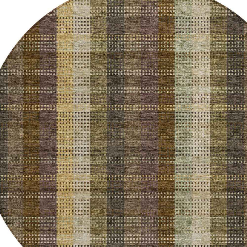 8' Brown Taupe And Plum Round Plaid Washable Indoor Outdoor Area Rug