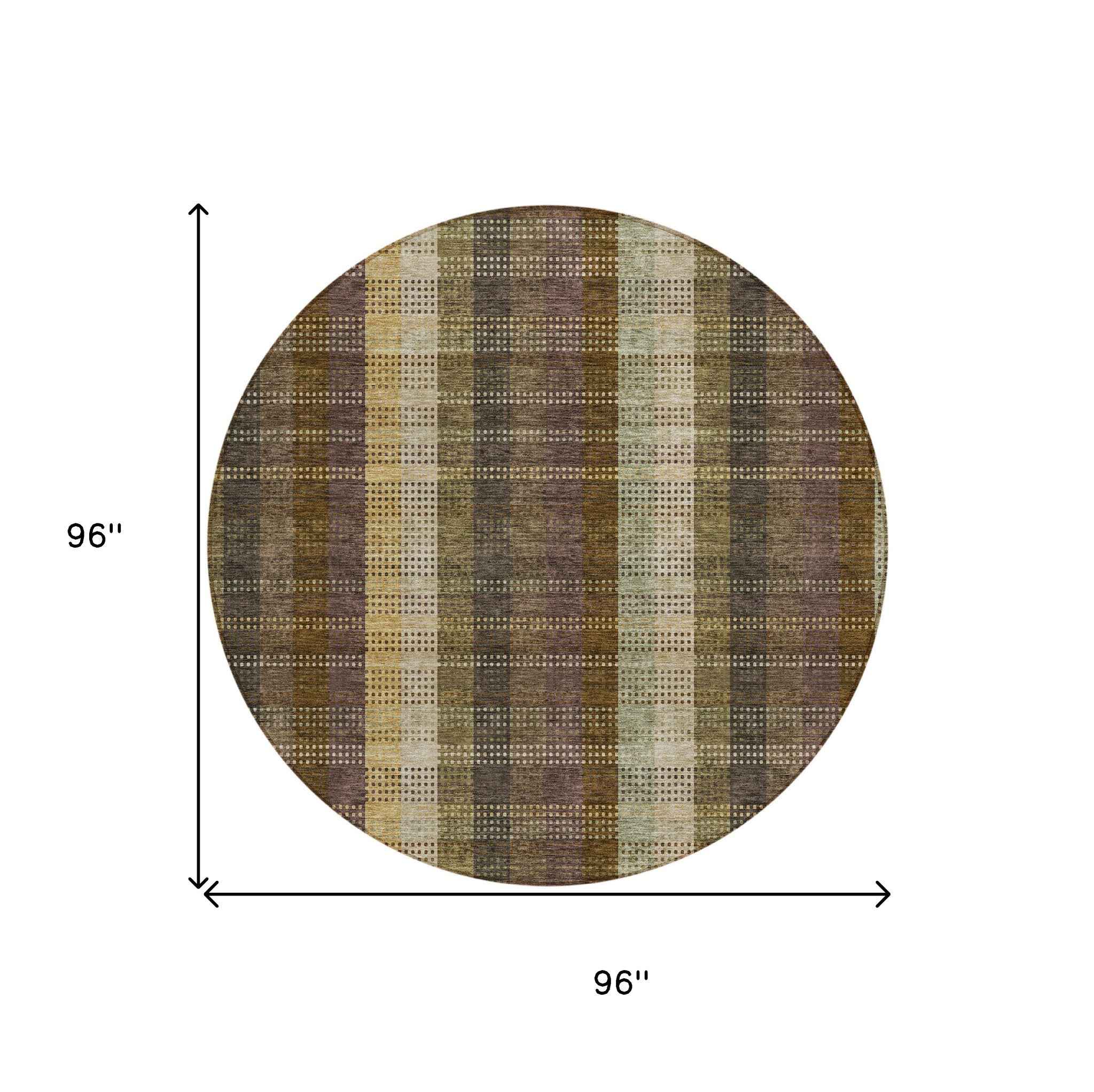 8' Brown Taupe And Plum Round Plaid Washable Indoor Outdoor Area Rug
