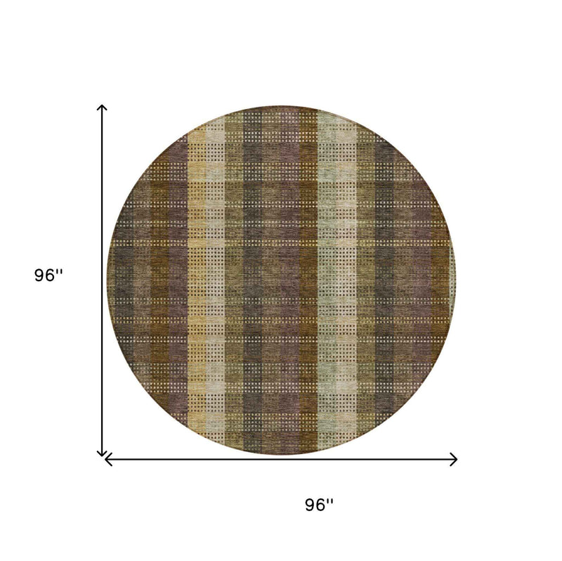 8' Brown Taupe And Plum Round Plaid Washable Indoor Outdoor Area Rug