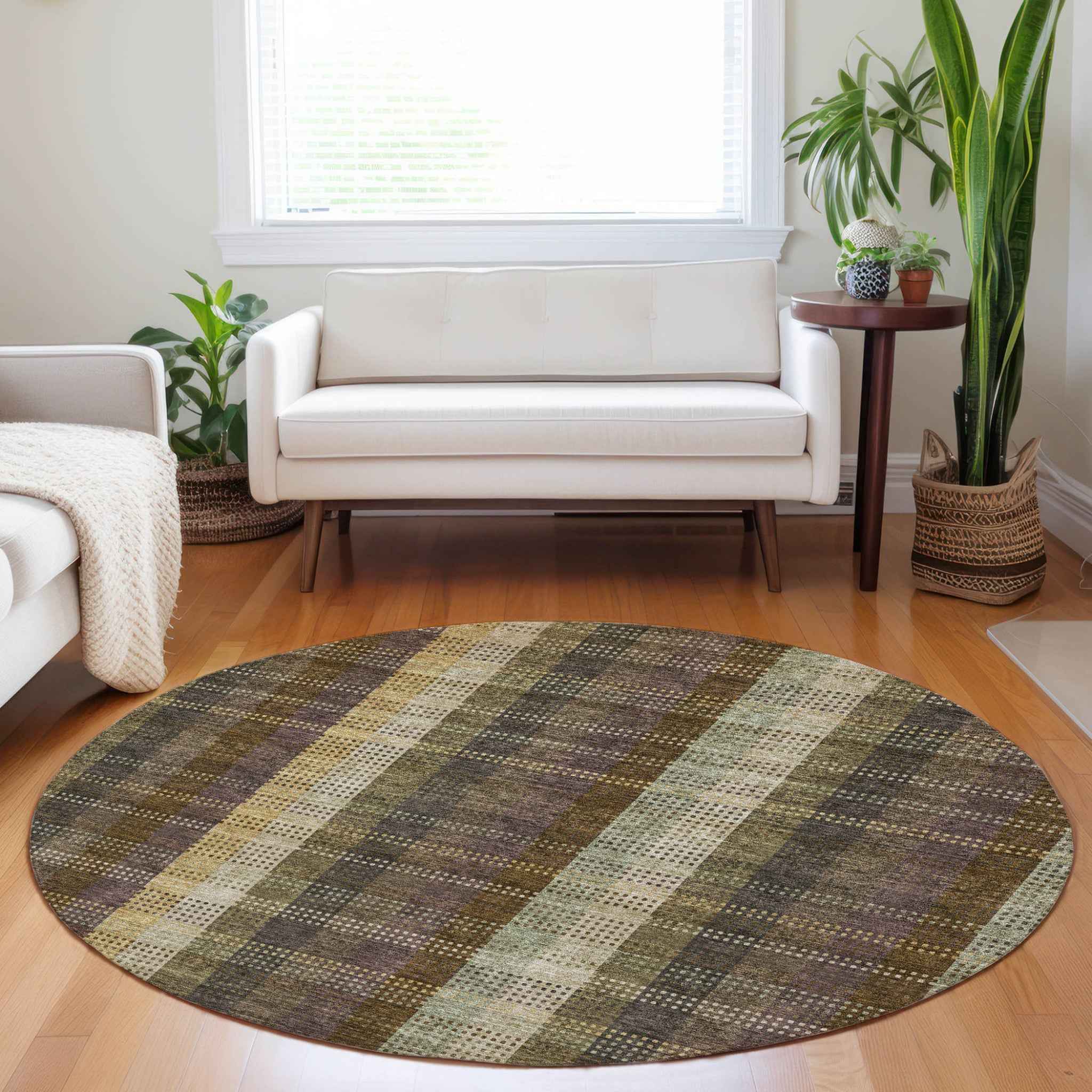 8' Brown Taupe And Plum Round Plaid Washable Indoor Outdoor Area Rug