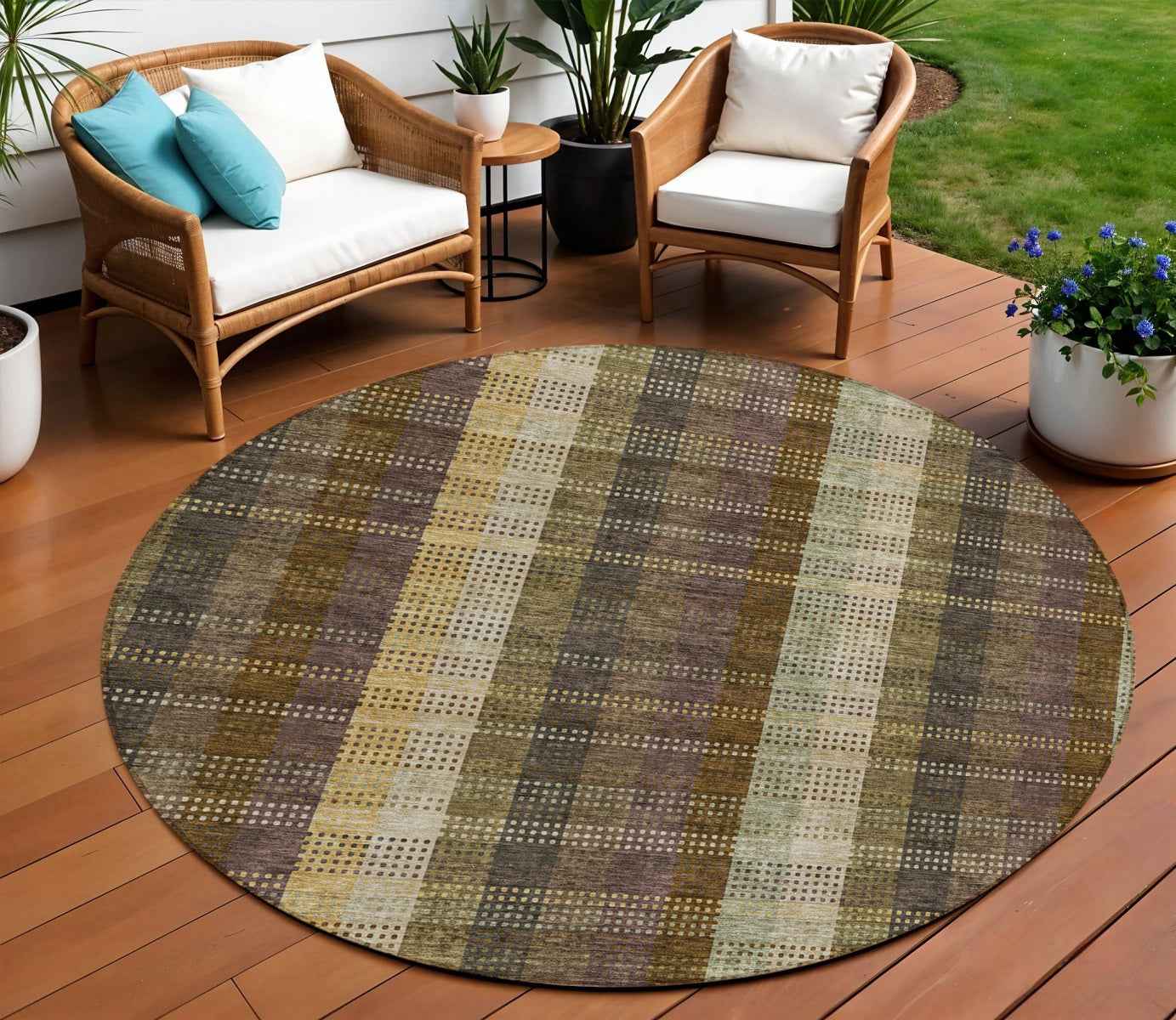 8' Brown Taupe And Plum Round Plaid Washable Indoor Outdoor Area Rug