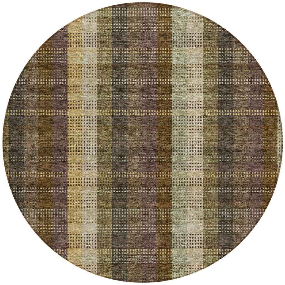 8' Brown Taupe And Plum Round Plaid Washable Indoor Outdoor Area Rug