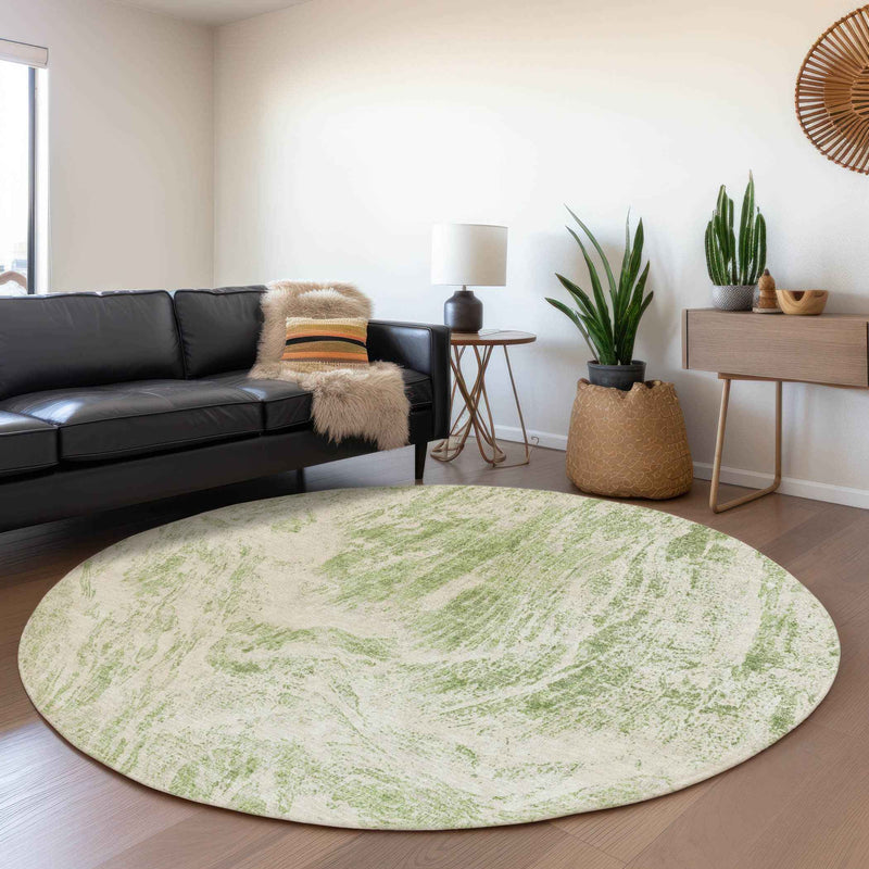 8' Sage And Ivory Round Abstract Washable Indoor Outdoor Area Rug