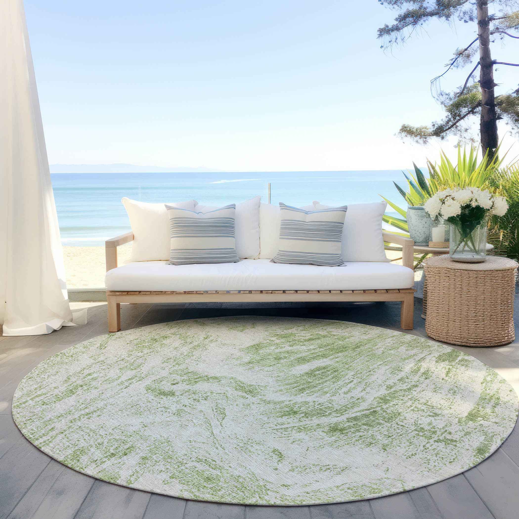 8' Sage And Ivory Round Abstract Washable Indoor Outdoor Area Rug