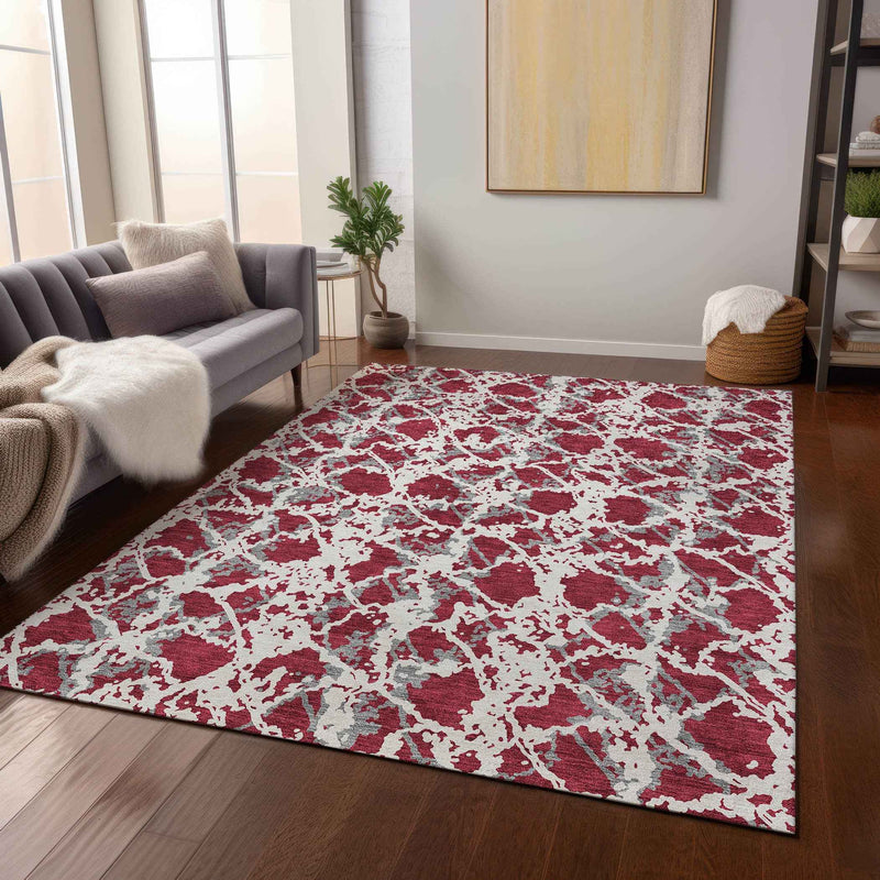 3' X 5' Burgundy And Ivory Abstract Washable Indoor Outdoor Area Rug
