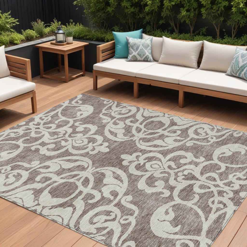 10' X 14' Taupe And Ivory Damask Washable Indoor Outdoor Area Rug