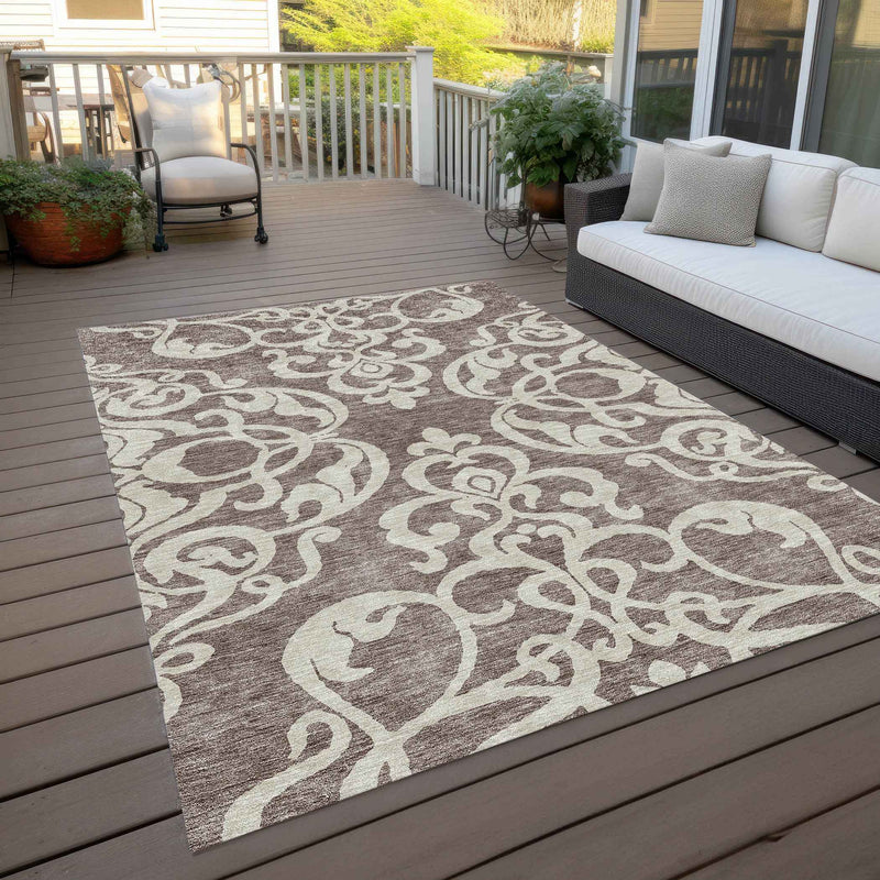 10' X 14' Taupe And Ivory Damask Washable Indoor Outdoor Area Rug