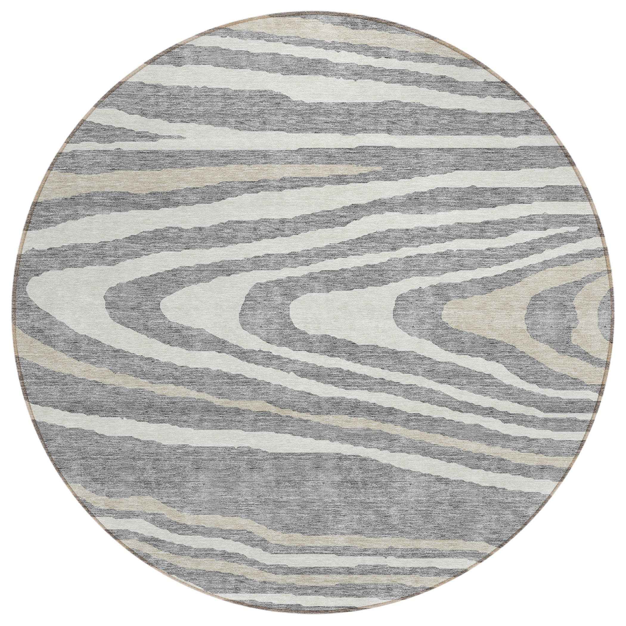 8' Gray Ivory And Beige Round Faux Bois Washable Indoor Outdoor Area Rug