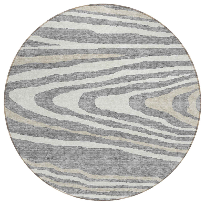 8' Gray Ivory And Beige Round Faux Bois Washable Indoor Outdoor Area Rug