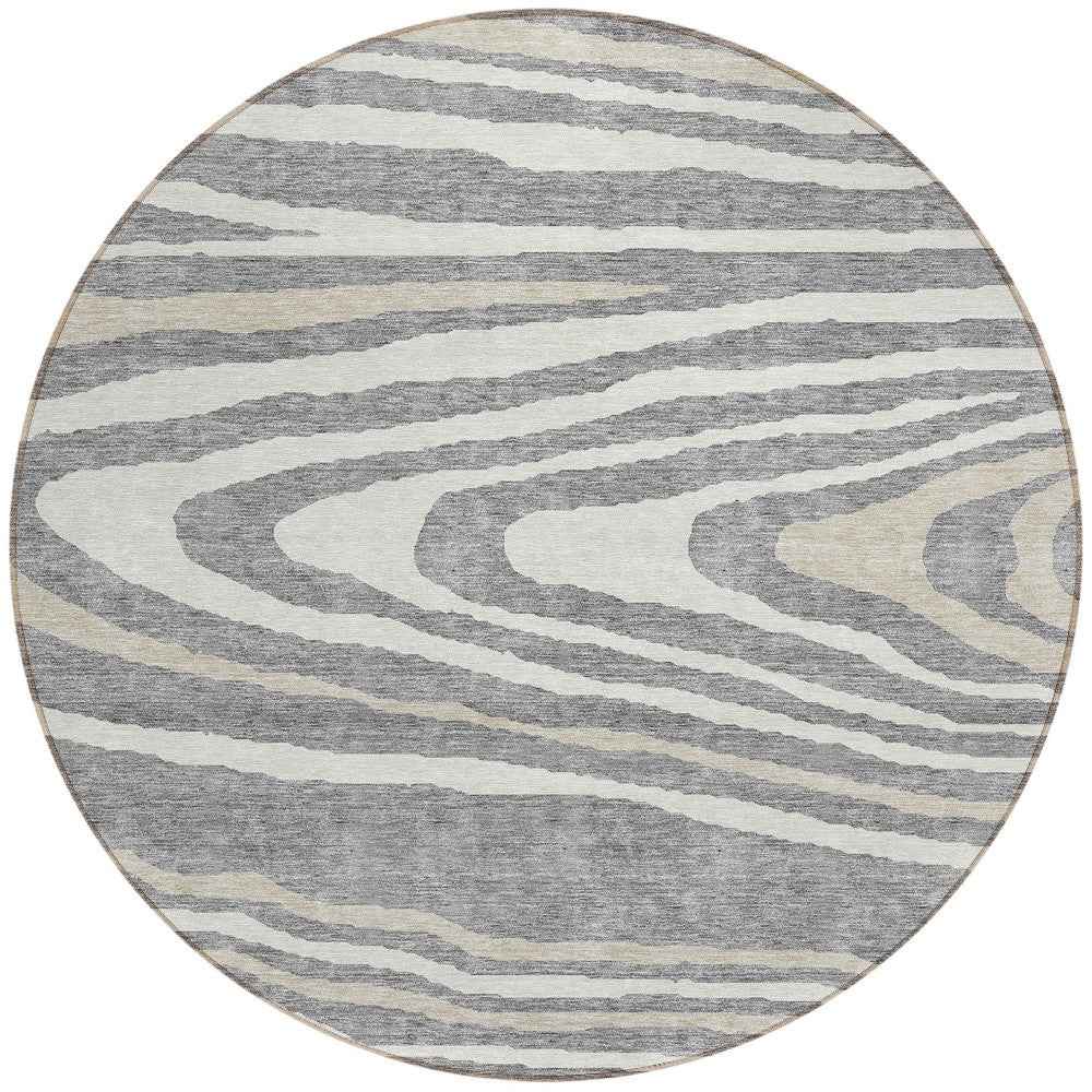 8' Gray Ivory And Beige Round Faux Bois Washable Indoor Outdoor Area Rug