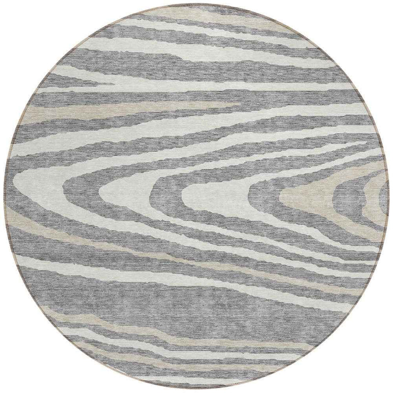 8' Gray Ivory And Beige Round Faux Bois Washable Indoor Outdoor Area Rug
