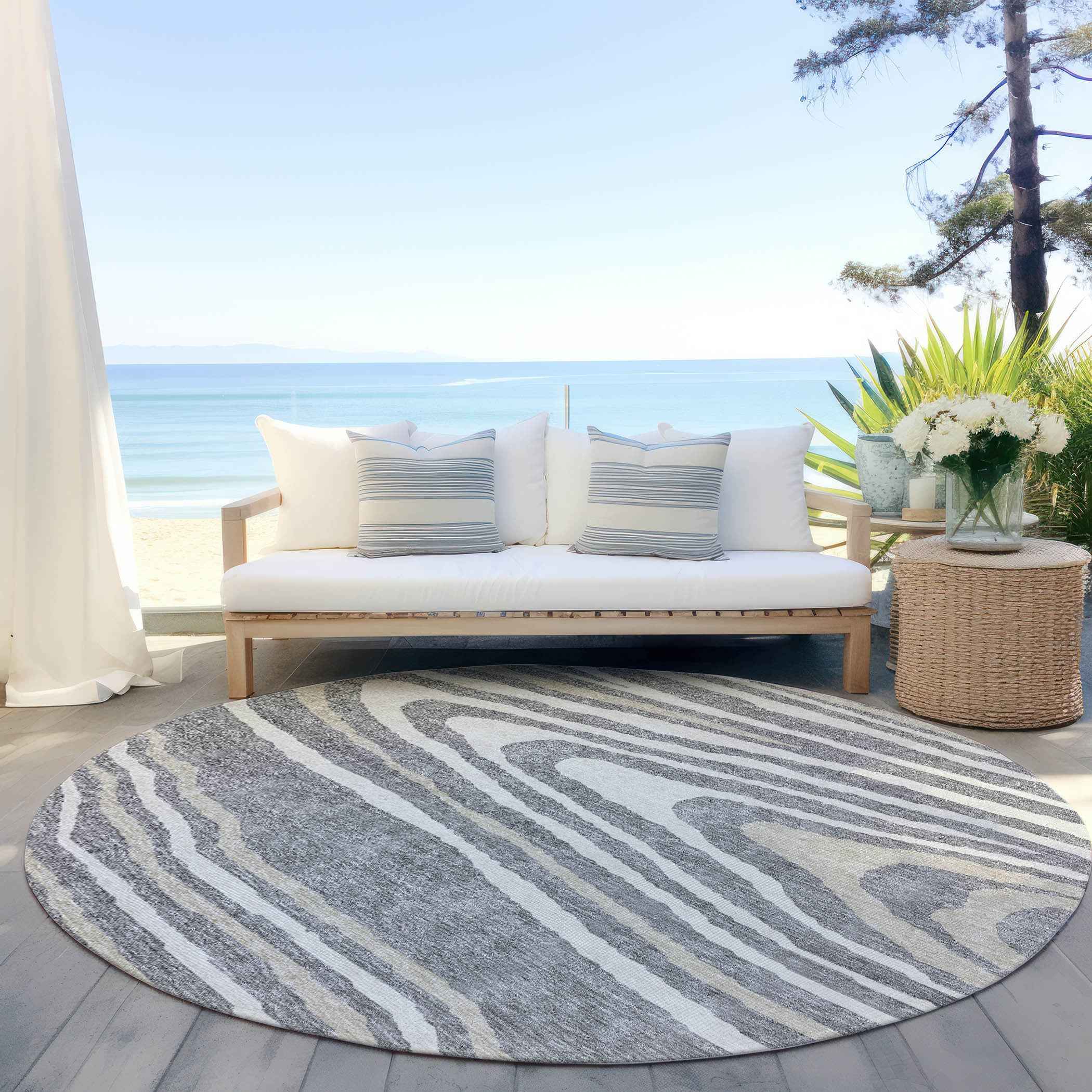 8' Gray Ivory And Beige Round Faux Bois Washable Indoor Outdoor Area Rug