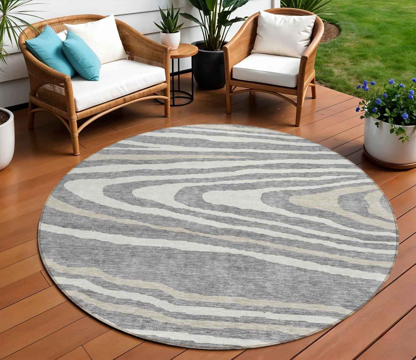 8' Gray Ivory And Beige Round Faux Bois Washable Indoor Outdoor Area Rug