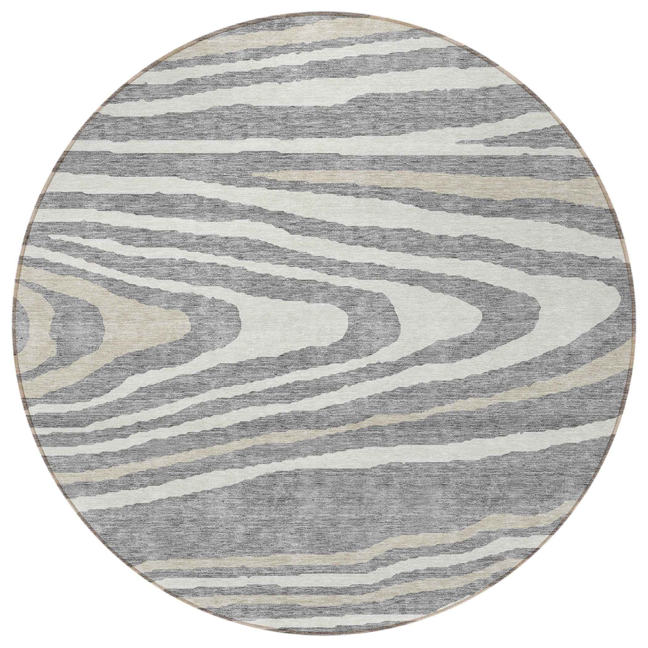 8' Gray Ivory And Beige Round Faux Bois Washable Indoor Outdoor Area Rug