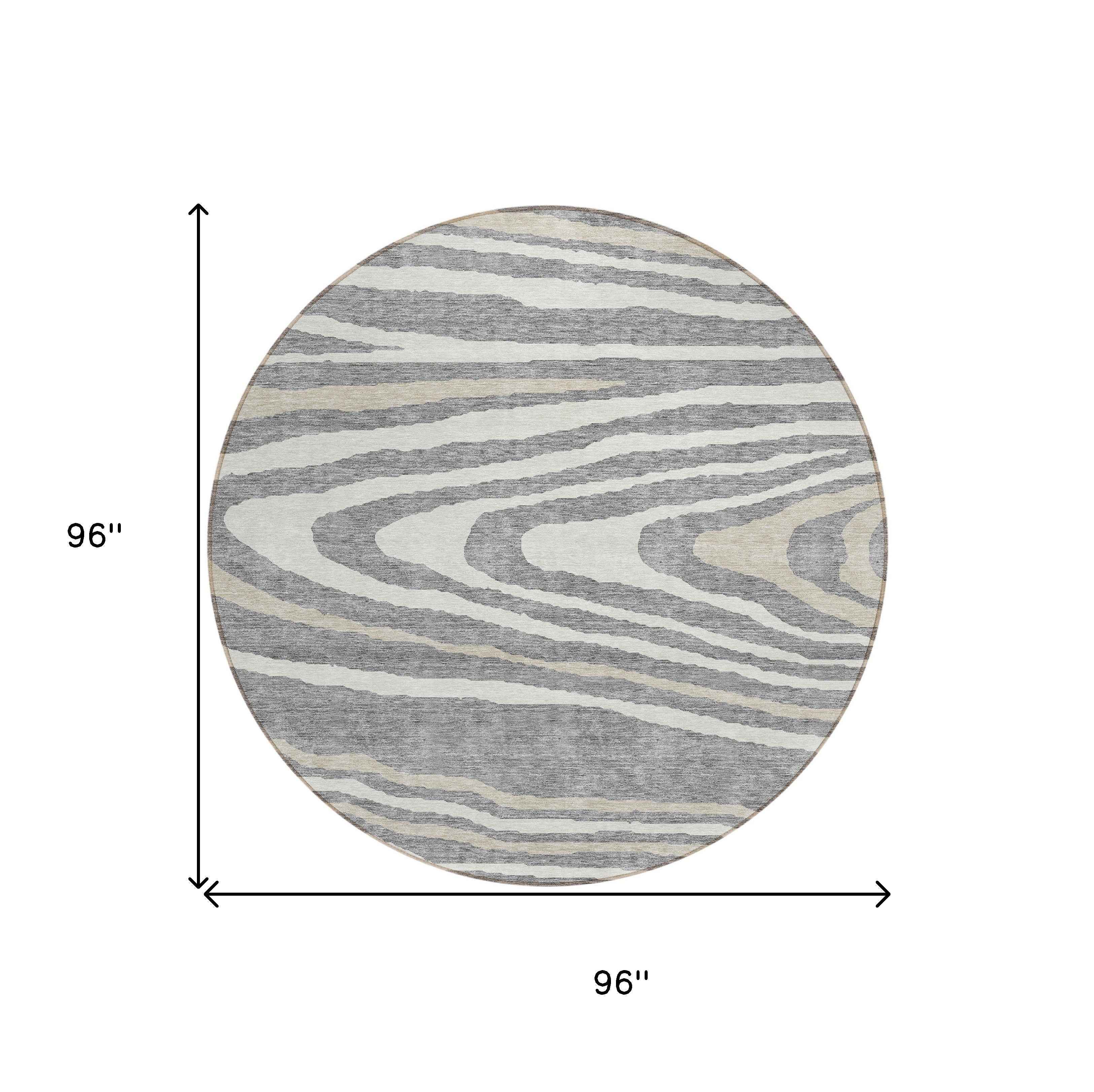 8' Gray Ivory And Beige Round Faux Bois Washable Indoor Outdoor Area Rug