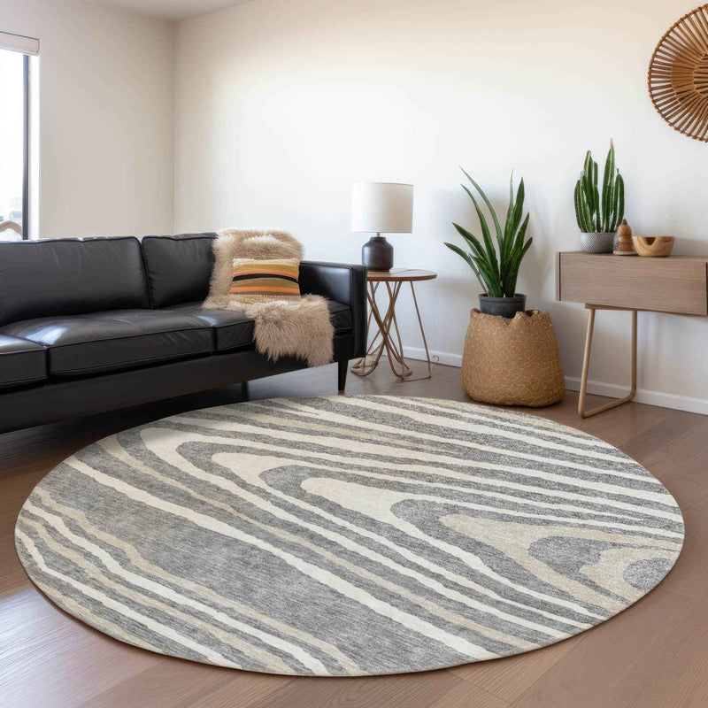 8' Gray Ivory And Beige Round Faux Bois Washable Indoor Outdoor Area Rug