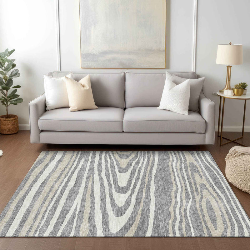 3' X 5' Gray Ivory And Beige Faux Bois Washable Indoor Outdoor Area Rug