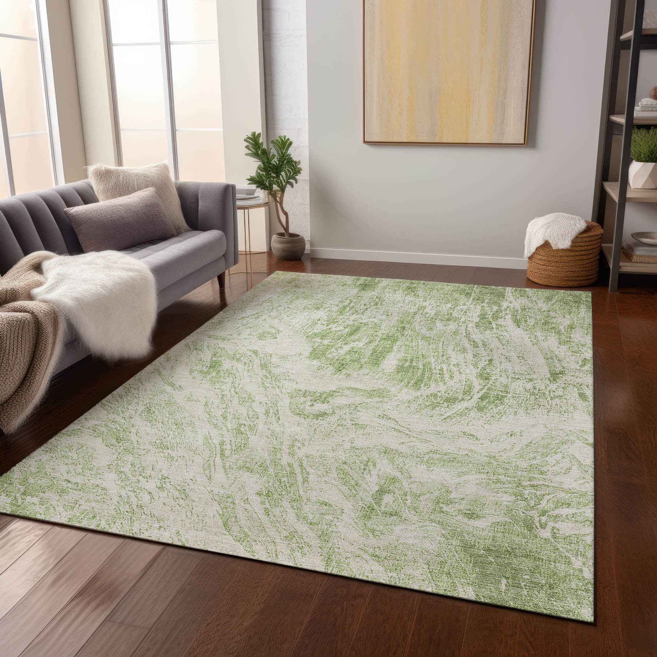 3' X 5' Sage And Ivory Abstract Washable Indoor Outdoor Area Rug