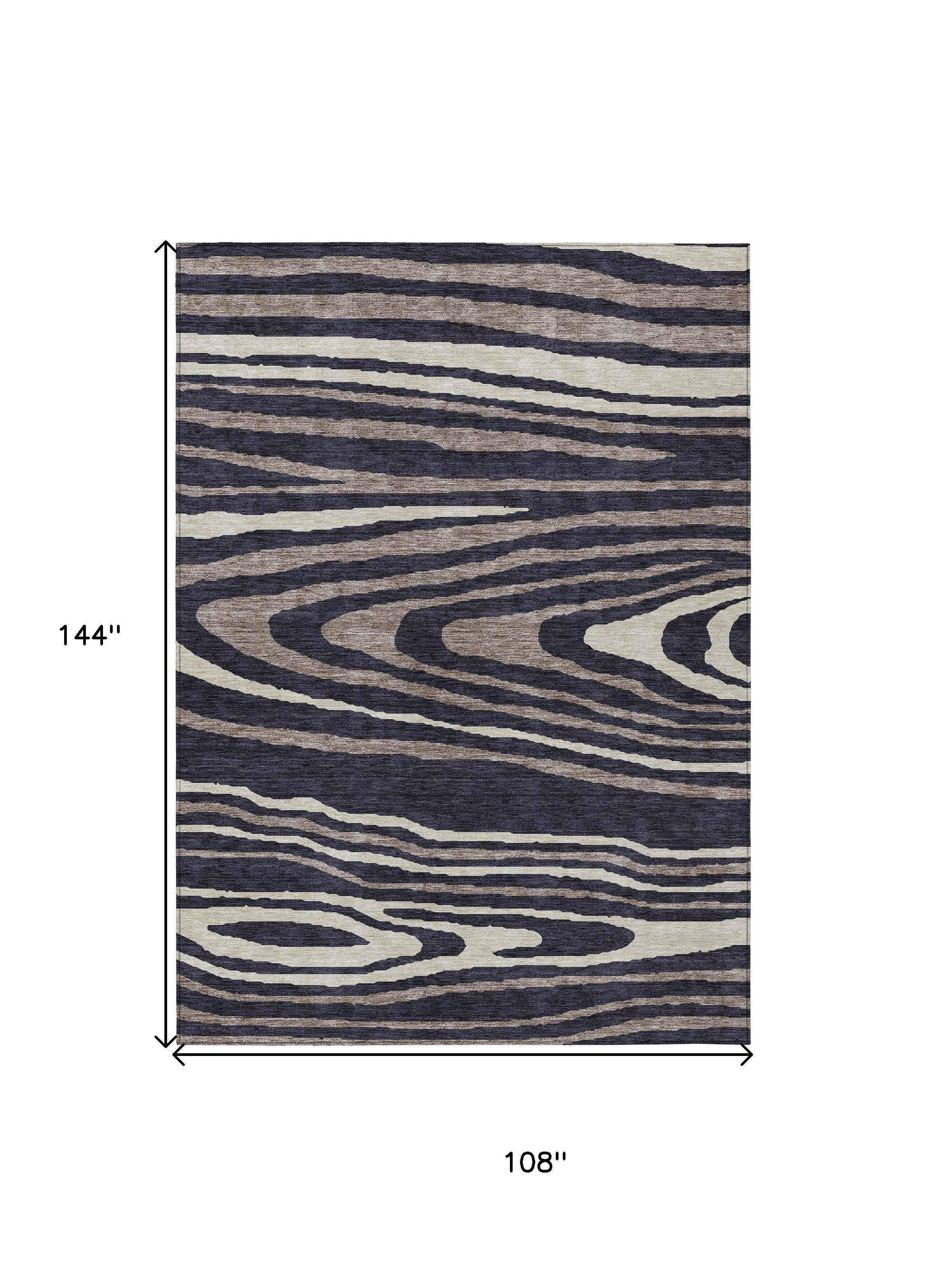 9' X 12' Black Taupe And Beige Faux Bois Washable Indoor Outdoor Area Rug
