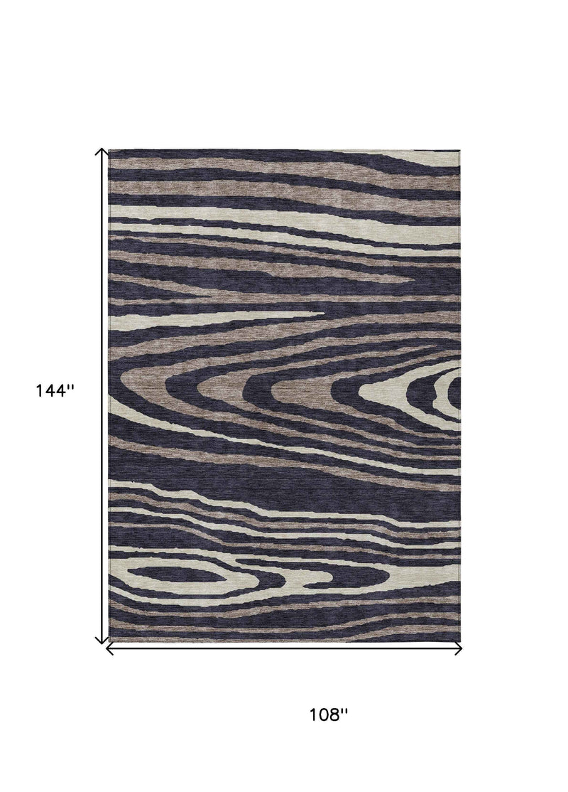 9' X 12' Black Taupe And Beige Faux Bois Washable Indoor Outdoor Area Rug