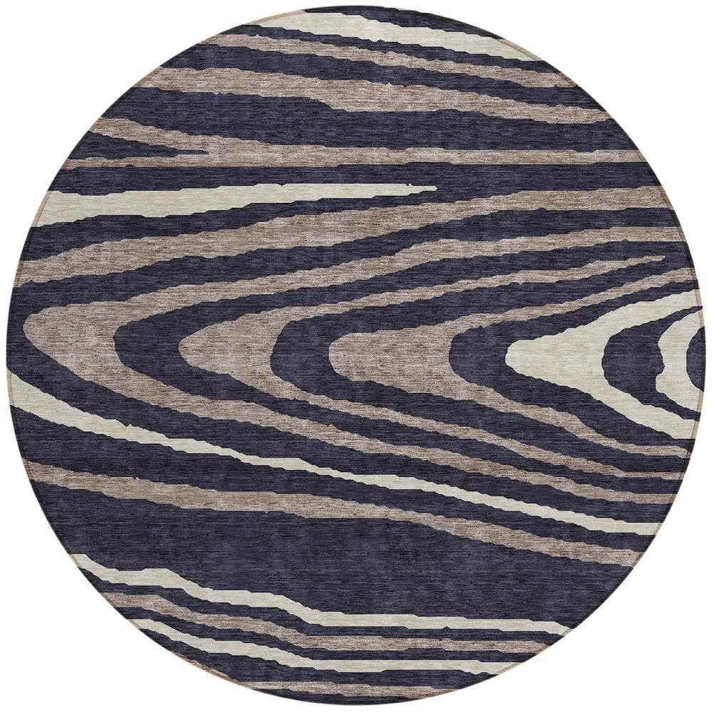 8' Black Taupe And Beige Round Faux Bois Washable Indoor Outdoor Area Rug
