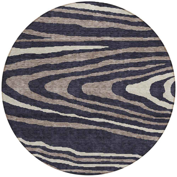 8' Black Taupe And Beige Round Faux Bois Washable Indoor Outdoor Area Rug
