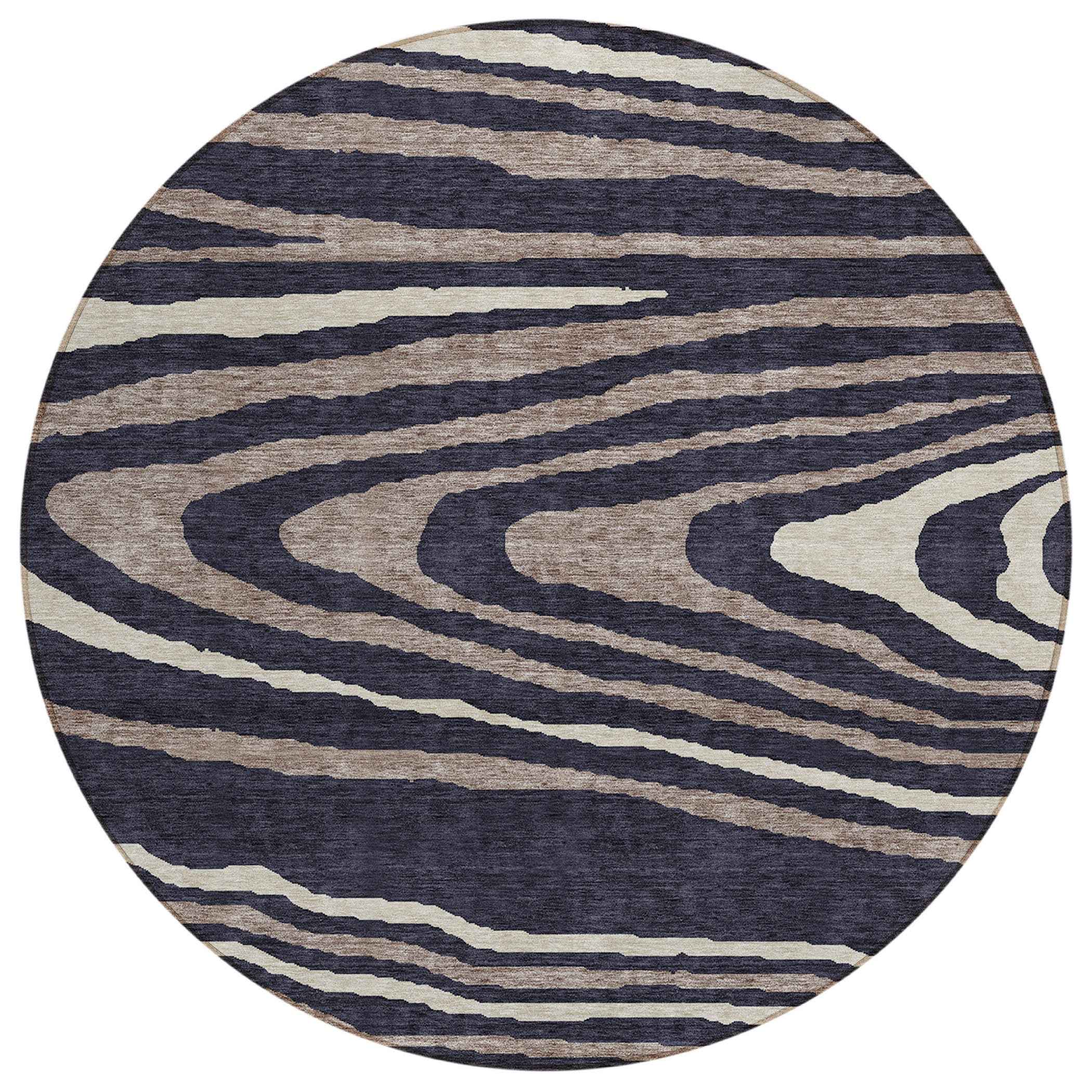 8' Black Taupe And Beige Round Faux Bois Washable Indoor Outdoor Area Rug