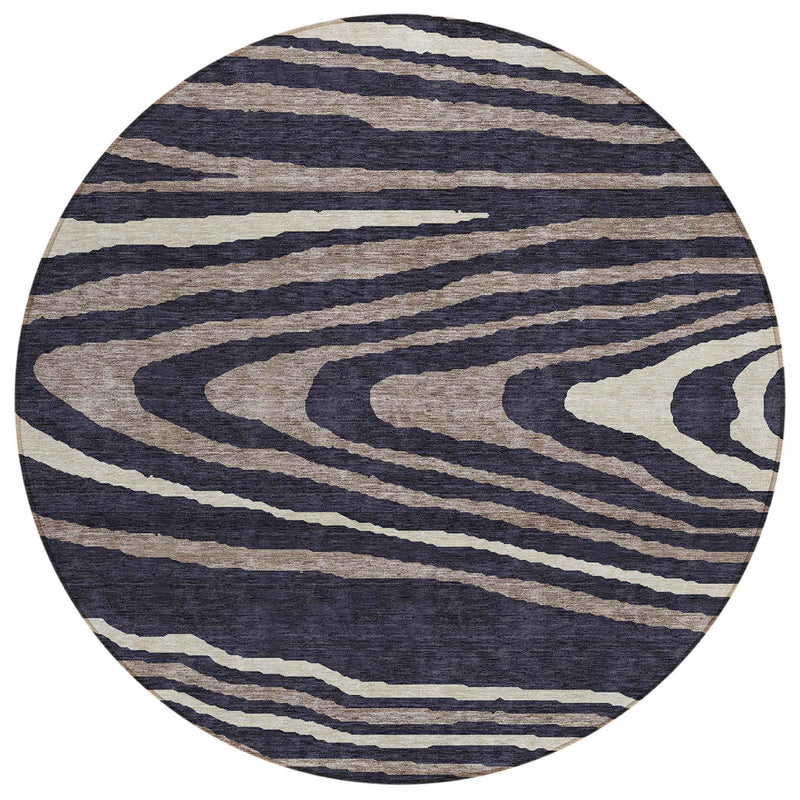 8' Black Taupe And Beige Round Faux Bois Washable Indoor Outdoor Area Rug