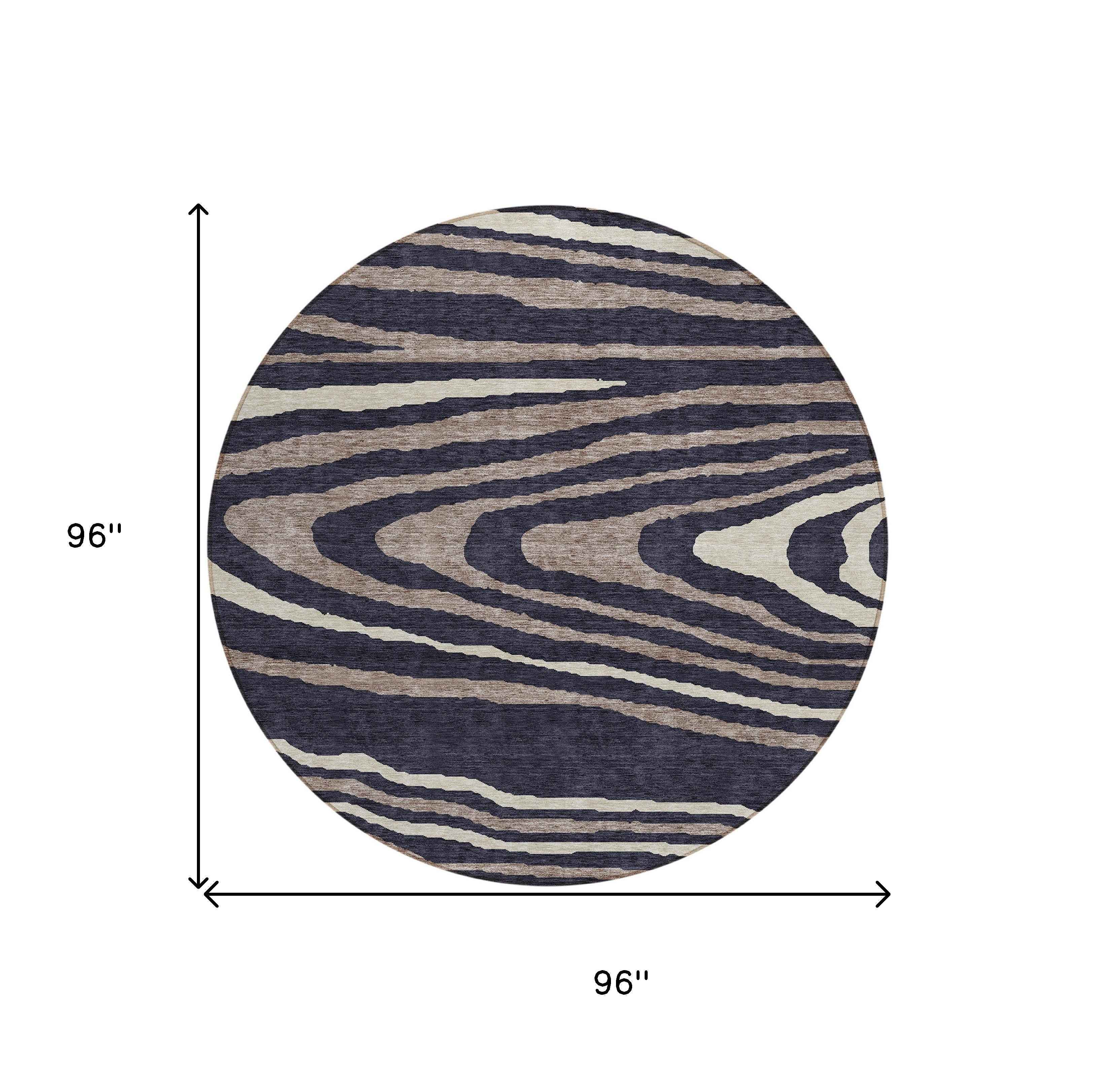 8' Black Taupe And Beige Round Faux Bois Washable Indoor Outdoor Area Rug