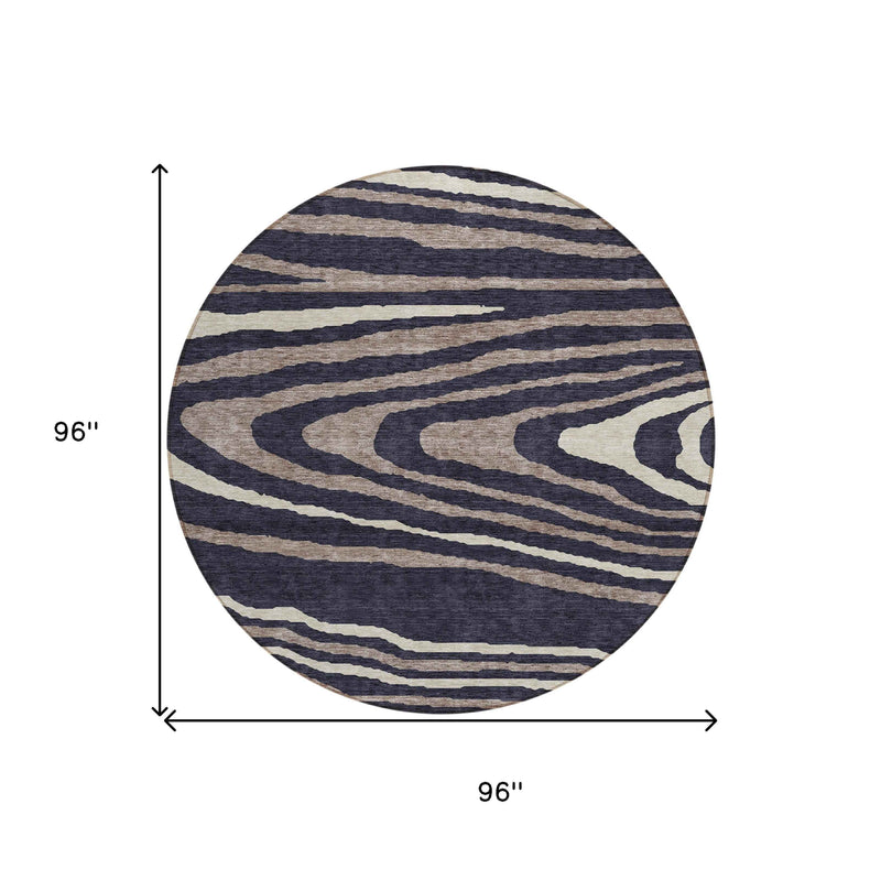 8' Black Taupe And Beige Round Faux Bois Washable Indoor Outdoor Area Rug