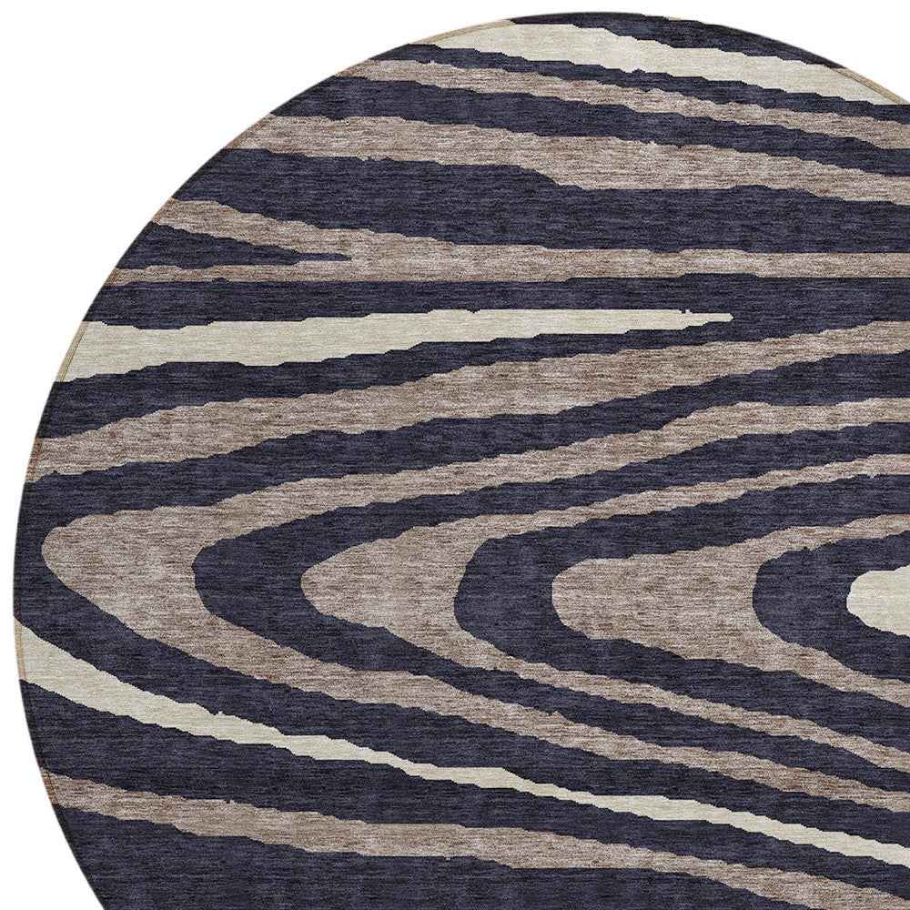 8' Black Taupe And Beige Round Faux Bois Washable Indoor Outdoor Area Rug