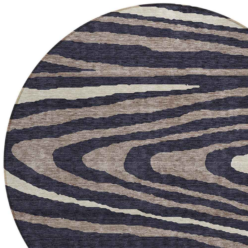 8' Black Taupe And Beige Round Faux Bois Washable Indoor Outdoor Area Rug