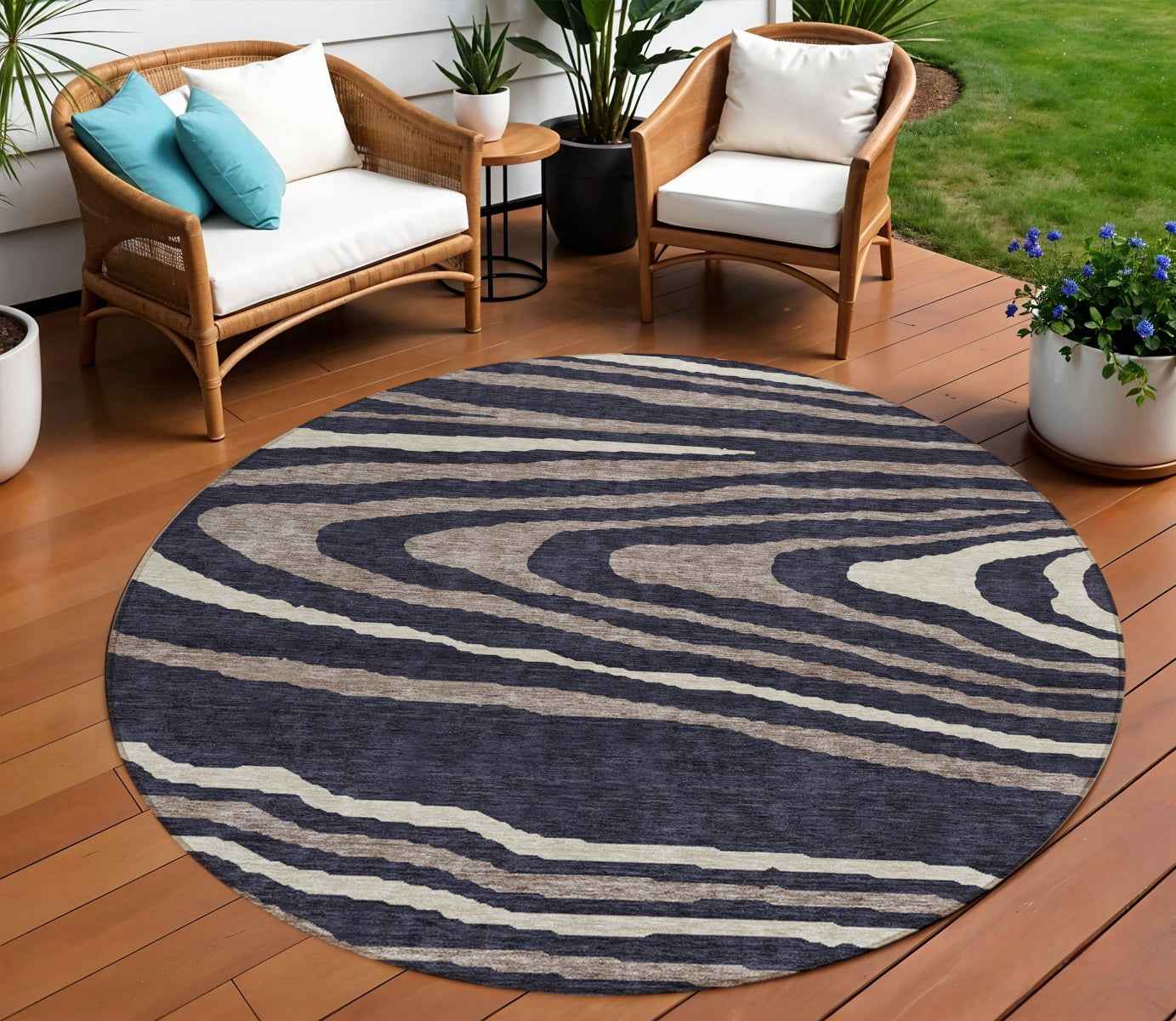 8' Black Taupe And Beige Round Faux Bois Washable Indoor Outdoor Area Rug