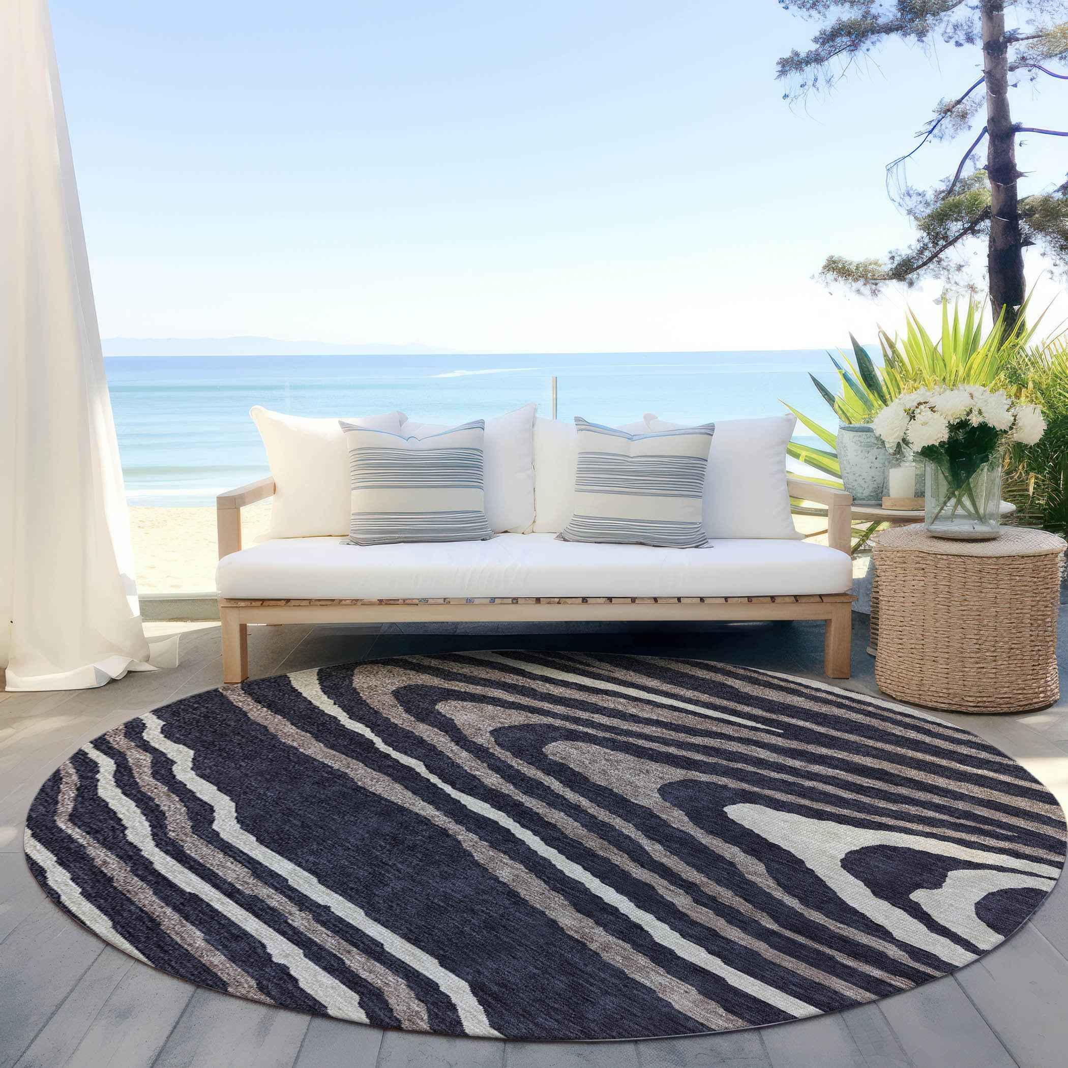8' Black Taupe And Beige Round Faux Bois Washable Indoor Outdoor Area Rug