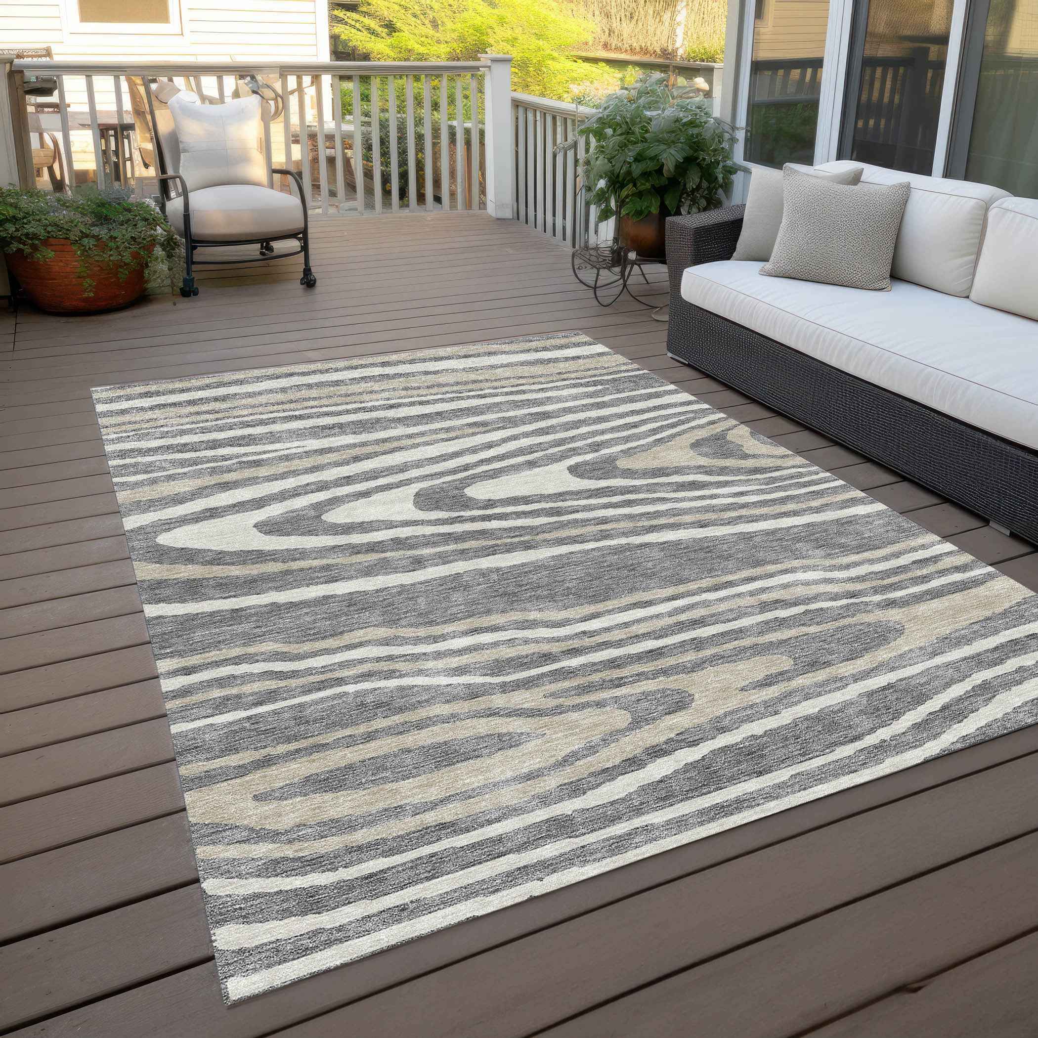 5' X 8' Gray Ivory And Beige Faux Bois Washable Indoor Outdoor Area Rug