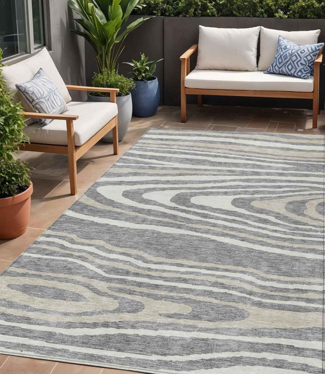 5' X 8' Gray Ivory And Beige Faux Bois Washable Indoor Outdoor Area Rug