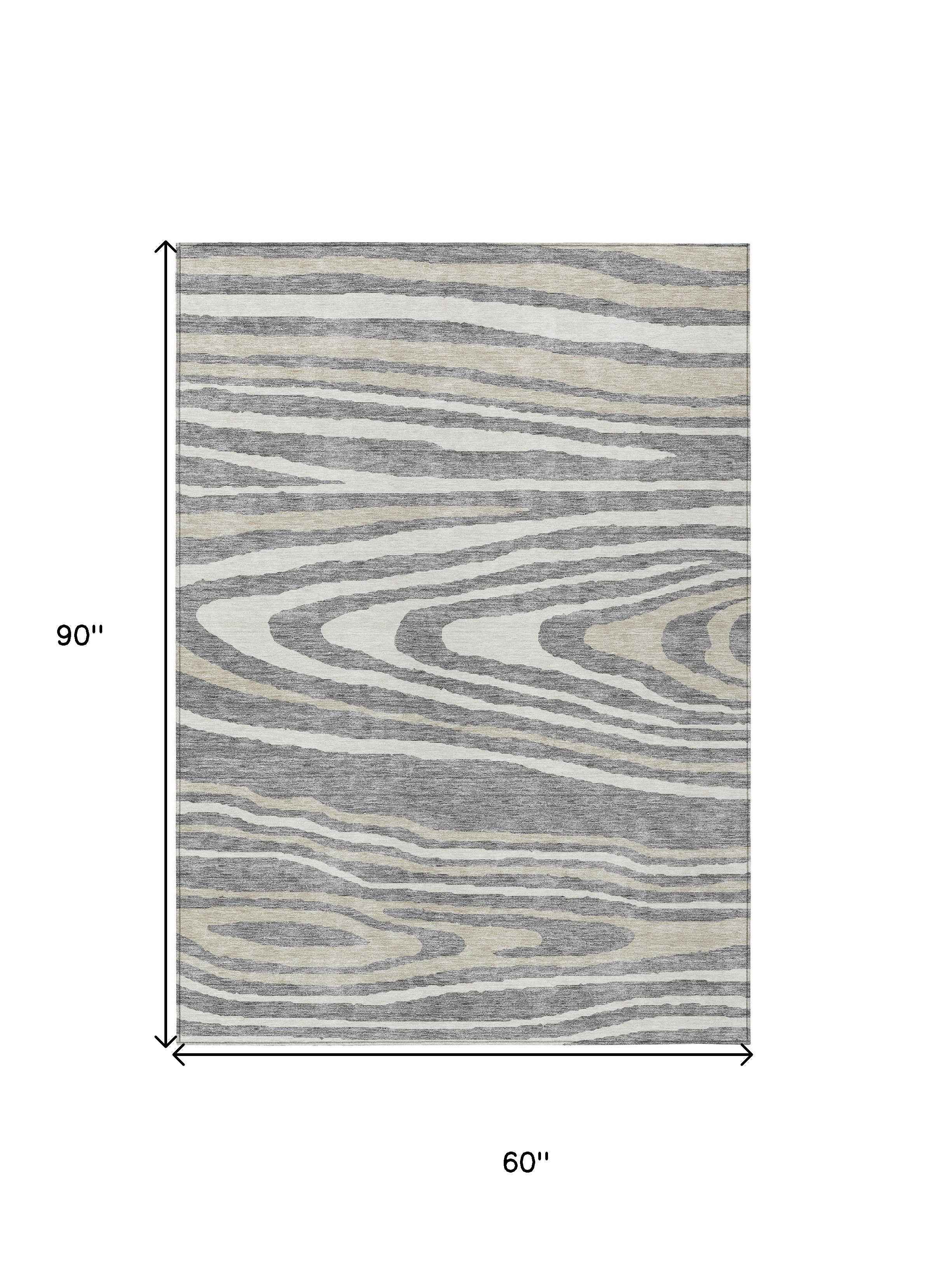 5' X 8' Gray Ivory And Beige Faux Bois Washable Indoor Outdoor Area Rug