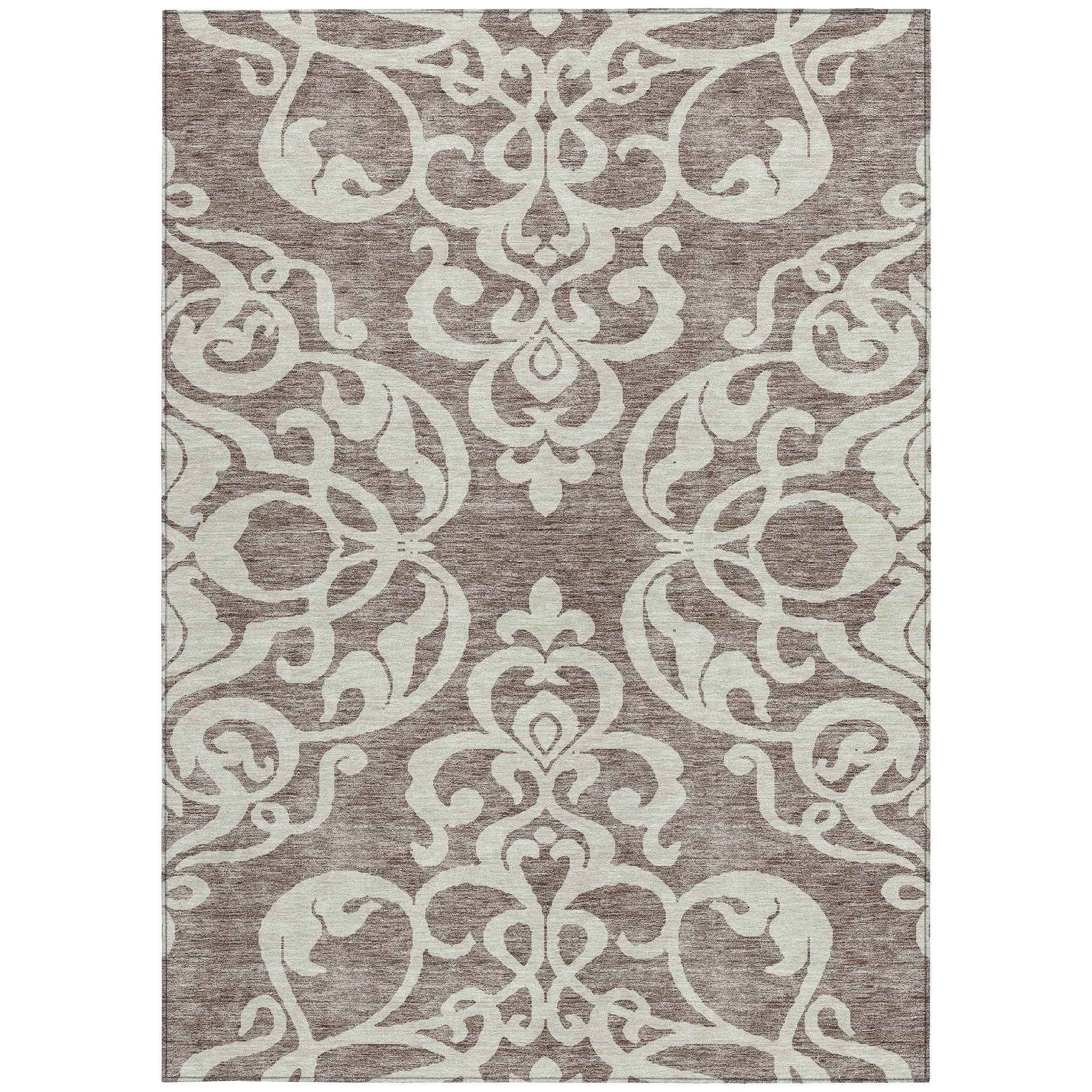 8' X 10' Taupe And Ivory Damask Washable Indoor Outdoor Area Rug