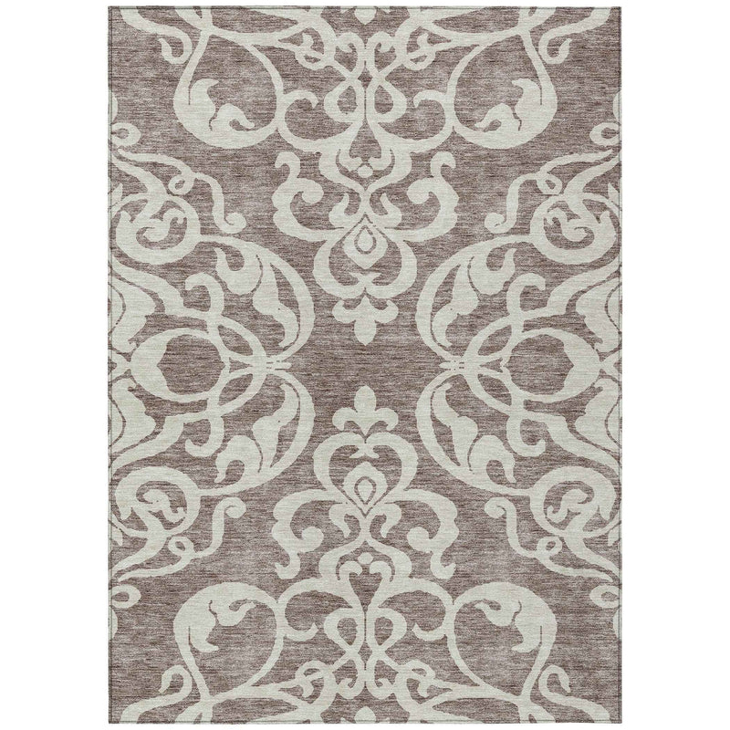 8' X 10' Taupe And Ivory Damask Washable Indoor Outdoor Area Rug