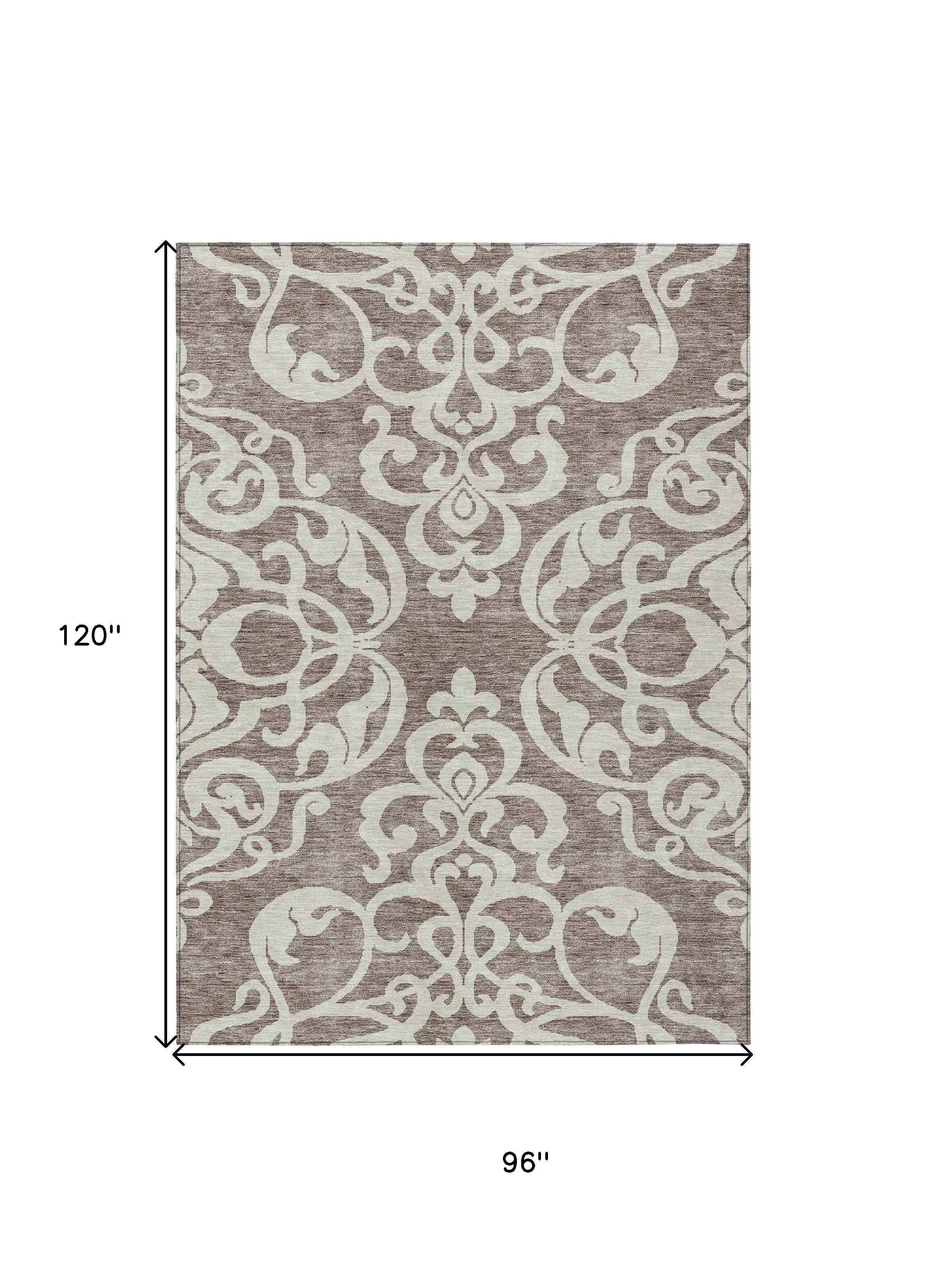 8' X 10' Taupe And Ivory Damask Washable Indoor Outdoor Area Rug