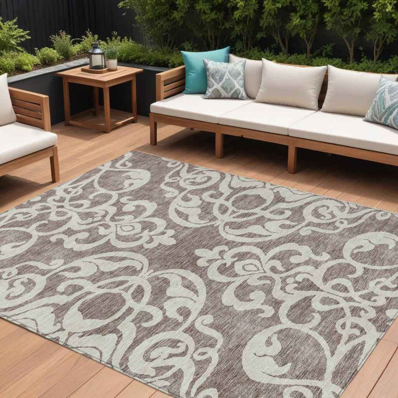 8' X 10' Taupe And Ivory Damask Washable Indoor Outdoor Area Rug