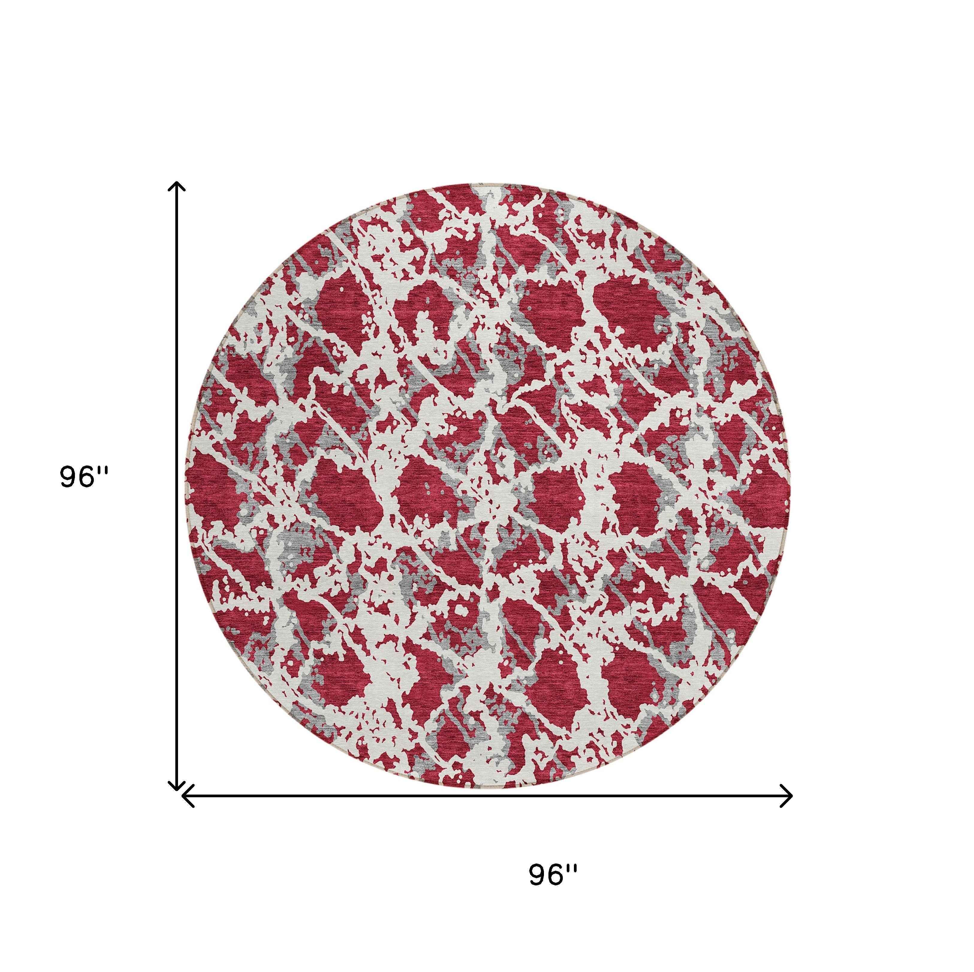 8' Burgundy And Ivory Round Abstract Washable Indoor Outdoor Area Rug