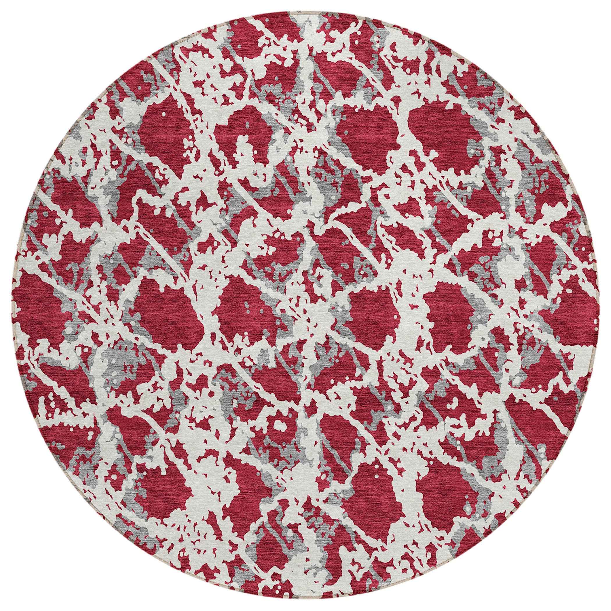 8' Burgundy And Ivory Round Abstract Washable Indoor Outdoor Area Rug